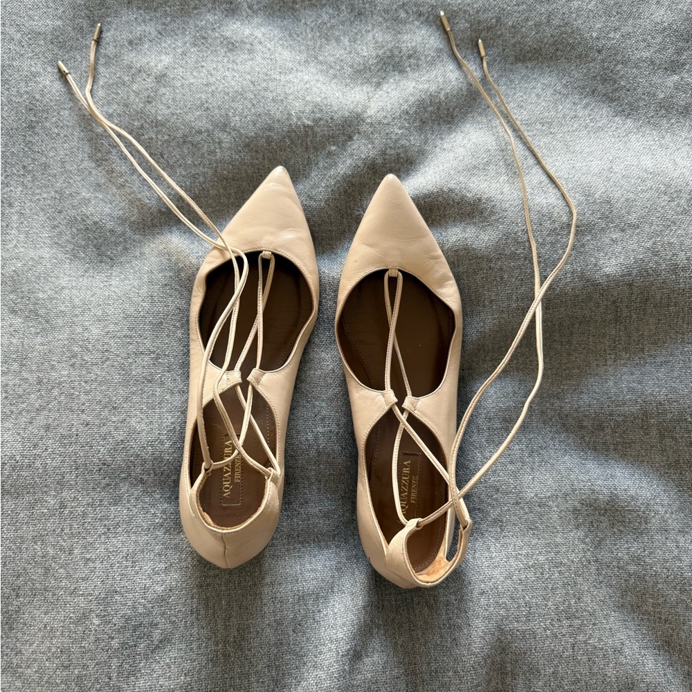 Aquazzura Cream Lace-Up Flats